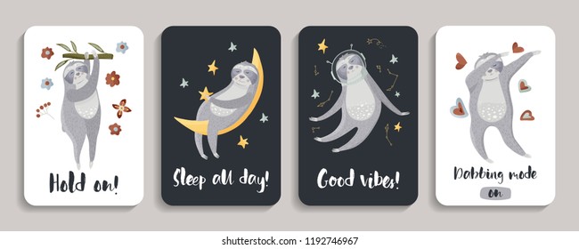 Set of cartoon cute templates for mobile phone covers with sloths in different poses. Vector animal illustrations in a flat style.