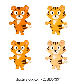 Set of cartoon cute tigers. Vector illustration for children