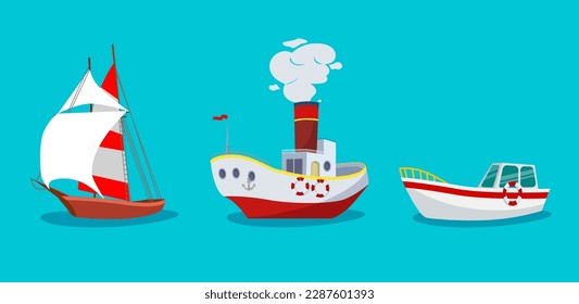 Set cartoon cute transport for children s clipart steamer, steamboat and helicopter.