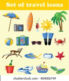 Set of cartoon cute travel icons.