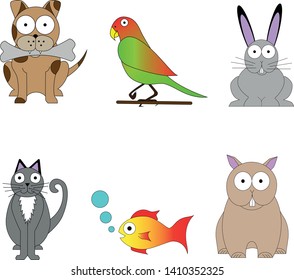 Set of cartoon cute vector pets isolated on white background