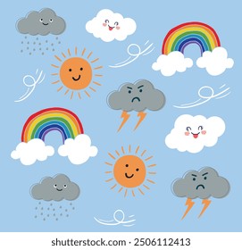 Conjunto de Clima lindo de dibujos animados con diferentes emociones Vector de expresión