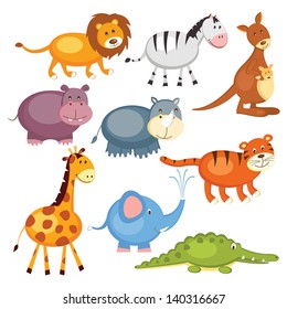 Set of cartoon cute wild animals, isolated over white