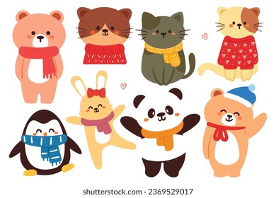 set of cartoon cute winter element sticker. for kids sticker, cute doodle collection, winter sticker set