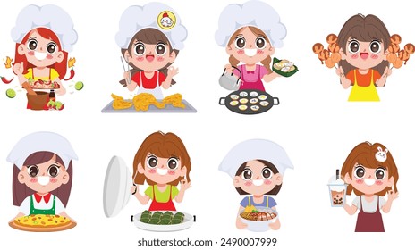 Set of cartoon cute woman with Thai food logo for sticker label design. 