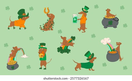 A set of cartoon dachshunds wearing green clothes and hats. St. Patrick's day. 