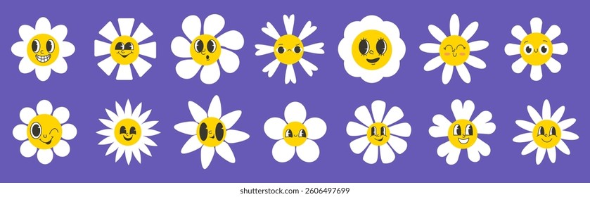 A set of cartoon daisies with faces and different expressions, on a purple background