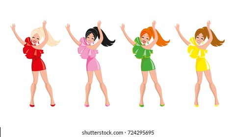 Set of cartoon dancing disco girls in different modern clothes, dresses. Funny dancing people characters in night Club. Flat style Isolated vector for design of logos, games, banners, greeting cards