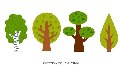 Set of cartoon deciduous trees. Oak, Birch, Aspen, Maple tree isolated on white background. Vector flat illustration. 