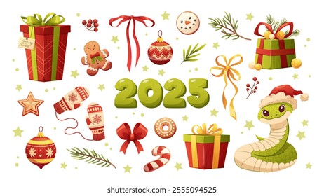 Set of cartoon decorations for New Year. Vector Christmas Illustrations. Snake 2025, gifts, holiday bows, cookies, Christmas tree toys