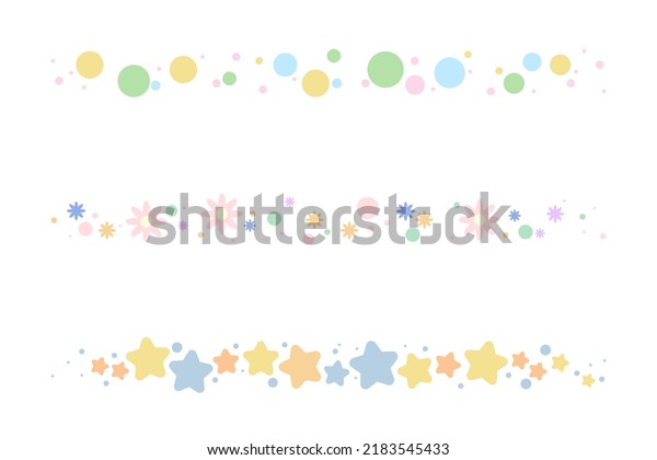 Set of cartoon decorative borders.\
Floral, polka dot, star pattern dividers. Isolated by white\
background, flat design, vector, illustration,\
EPS10