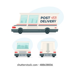 Set of cartoon delivery post car. Isolated objects on white background in flat  style. Vector illustration.