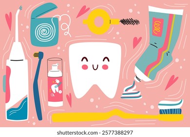 A set cartoon dental elements. Tooth medical tools.