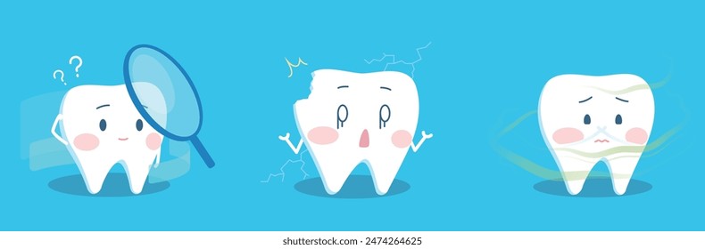 Un conjunto de ilustraciones dentales de dibujos animados sobre la salud dental.