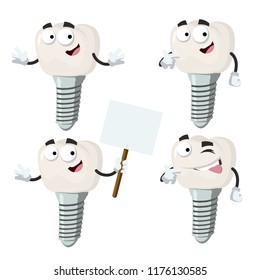 set of cartoon dental implant character mascot on white background