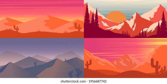 Set of cartoon desert landscape in flat style. Design element for poster, card, banner, flyer. Vector illustration