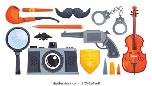 Colocar la ilustración vectorial de los equipos detectivesde dibujos animados aislados en fondo blanco. Tubo de tabaco, cigarro, bigote, esposas, violín, revólver, placa detective, cámara, suciedad, lupa, huella dactilar.