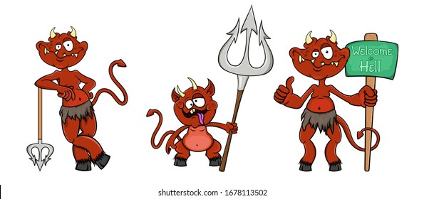 Set of cartoon devils with tridents and the inscription welcome to hell. Each character on a separate layer. Isolated on a white background. Vector stock illustration.