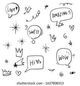 set of Cartoon dialogs cloud with princess elements. Set of think and talk speech bubbles for messages and dialog words. Doodle style clouds, hearts, stars, crowns collection