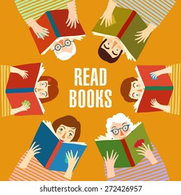 Set Of Cartoon Different Age People Reading Books.  Educational Poster. Vector Illustration.