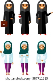 Set of cartoon different arab business woman in flat style.
Concept of diversity muslim businesswoman in national costumes.