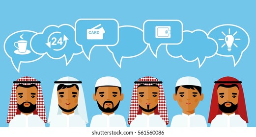 Set of cartoon different arab man in flat style.
concept of diversity muslim businessman in national costumes.