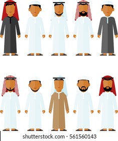 Set of cartoon different arab man in flat style.
concept of diversity muslim businessman in national costumes.