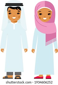 Set von Cartoon verschiedenen arabischen Menschen in flachem bunten Stil.
Illustration von arabischen Kindern in nationalen Kostümen.
