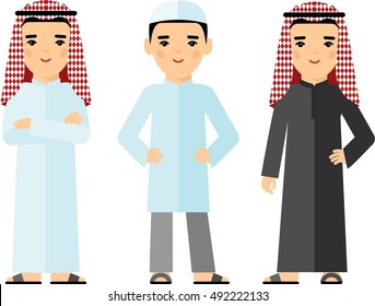 Set of cartoon different arab people man in flat style.
Illustration of  collection arabic boy in national costumes.