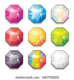 Set of cartoon different color crystals, gemstones,diamonds vector gui assets collection for game design.