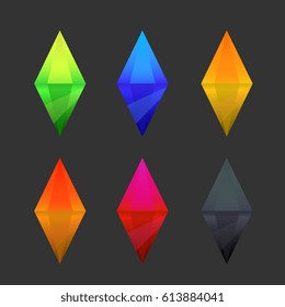 Set of cartoon different color crystals, gemstones, gems, diamonds vector gui assets collection for game design.isolated vector elements. Gui elements, vector games assets. menu for mobile games