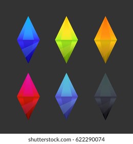 Set of cartoon different color crystals, gemstones, gems, diamonds vector gui assets collection for game design.isolated vector elements. Gui elements, vector games assets. menu for mobile games