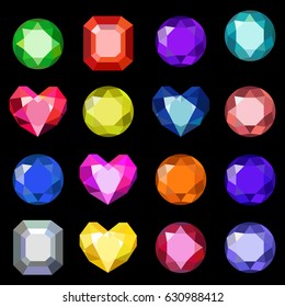 Set of cartoon different color crystals, gemstones ,gems, diamonds vector. Vector image on black background.
