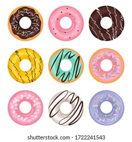 Set of cartoon different colored donut in flat style. Traditional American dessert. Vector illustration, isolated on white background