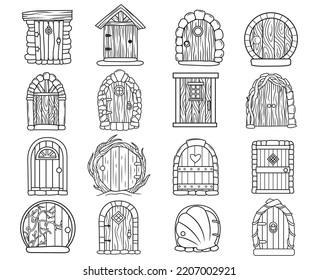 Conjunto de dibujos animados diferentes puertas medievales. Colección de una bonita puerta de cuento de hadas con marco de piedra. Ilustración lineal Art. Vector sobre fondo blanco.