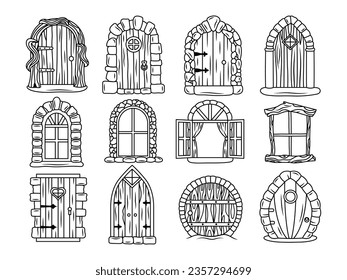 Set von Cartoon verschiedene mittelalterliche Türen und Fenster. Kollektion von süßen stilvollen Innenraumtüren mit Steintür. Lineare Kunst. Vektorgrafik auf weißem Hintergrund.