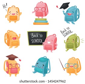 Set of cartoon different school bags. Vector illustration on white background.