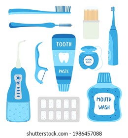 conjunto de dibujos animados diferentes herramientas para la limpieza de dientes, varios cepillos de dientes, pasta dental, hilo dental, enjuague bucal, chicle dentífrico y masticador, higiene dental, concepto de cuidado oral, ilustración vectorial