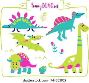 Set of cartoon dinosaur character
