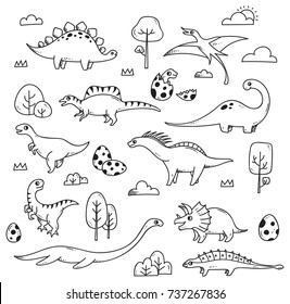 Set of cartoon dinosaur in doodle style isolated on white background
