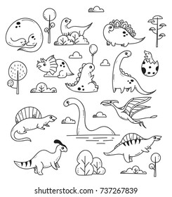 Set Of Cartoon Dinosaur In Doodle Style Isolated On White Background