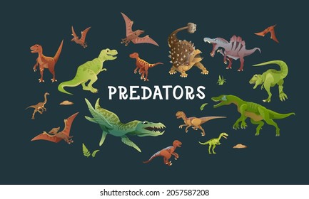 Un conjunto de dibujos animados de depredadores de dinosaurios aislados en un fondo oscuro. Ilustración vectorial de reptiles antiguos con dientes, alas, picos. 10 tipos diferentes de íconos de dinosaurios.