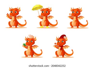 Set of cartoon dinosaurs. characters in different ways. Little dinosaurs with an umbrella in rubber boots, with an autumn leaf, with a candy, a New Year's hat and an asterisk, in a chef's hat.