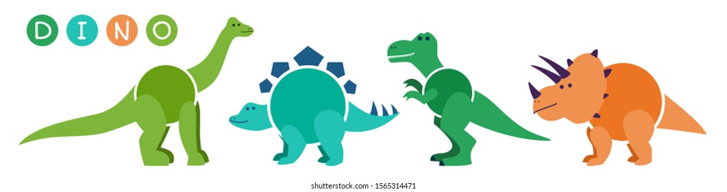 Set of cartoon dinosaurs characters - t rex etc. Cartoon dinosaurs for kid child clothes, apparel, garment print. Applicable as stickers, labels or part of game design. Flat vector illustration.