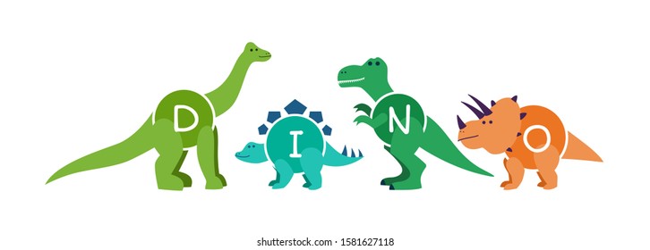 Set of cartoon dinosaurs characters - t rex etc. Cartoon dinosaurs for kid child clothes, apparel, garment print. Applicable as stickers, labels or part of game design. Flat vector illustration.