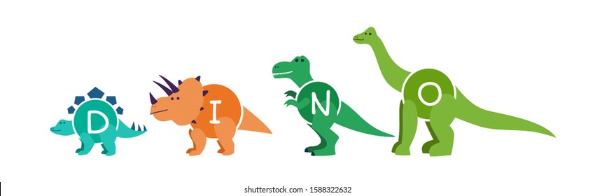 Set of cartoon dinosaurs characters - t rex etc. Cartoon dinosaurs for kid child clothes, apparel, garment print. Applicable as stickers, labels or part of game design. Flat vector illustration.