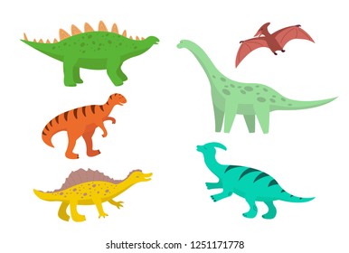 set of cartoon dinosaurs, diplodocus, stegosaurus, pteranodon