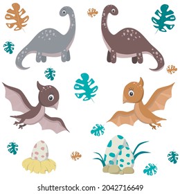 set of cartoon dinosaurs doodle style, with a nest with eggs and leaves.