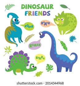 Set with cartoon dinosaurs isolated on a white background. Vector illustration for printing on packaging paper, fabric, postcard, clothing. Cute children's background