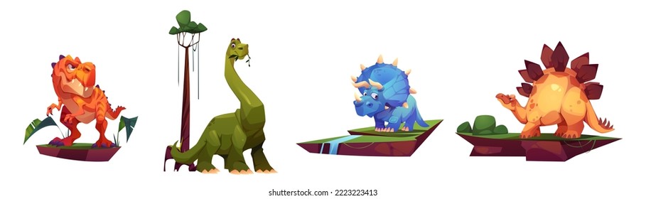 Conjunto de dinosaurios de dibujos animados aislados sobre fondo blanco. Dibujo vectorial de dibujos animados de animales reptiles prehistóricos agresivos y amigables de época Jurásica en pedazos de tierra. Personajes de diseño de Game Ui